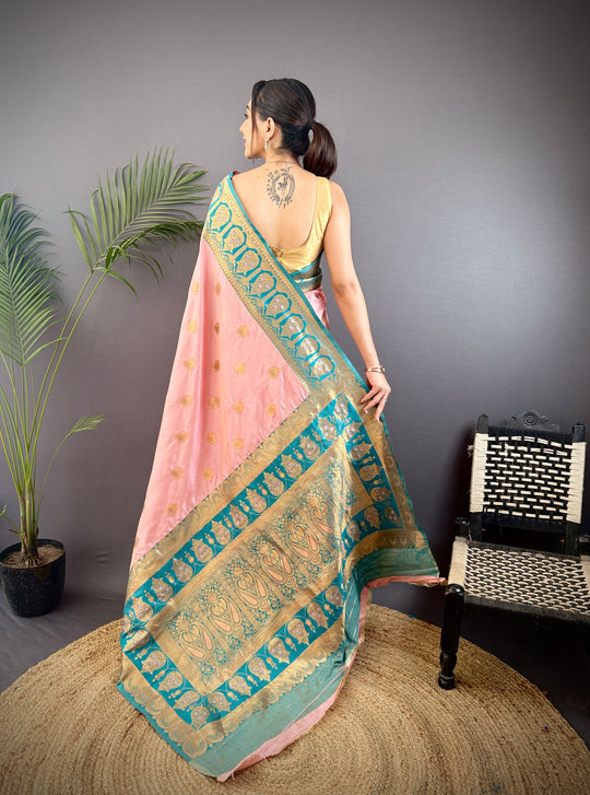 Baby Pink Soft Banarasi Silk Zari Woven Designer Saree With Blouse