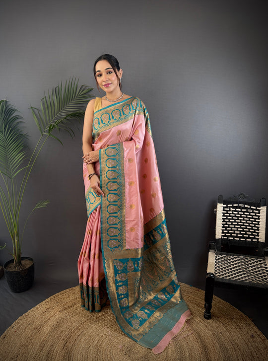 Baby Pink Soft Banarasi Silk Zari Woven Designer Saree With Blouse