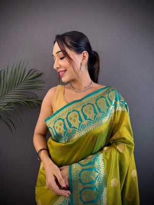 Mehendi Soft Banarasi Silk Zari Woven Designer Saree With Blouse