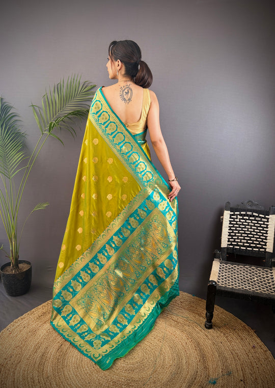 Mehendi Soft Banarasi Silk Zari Woven Designer Saree With Blouse