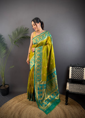 Mehendi Soft Banarasi Silk Zari Woven Designer Saree With Blouse