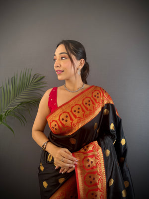 Black Soft Banarasi Silk Zari Woven Designer Saree With Blouse