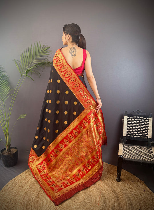 Black Soft Banarasi Silk Zari Woven Designer Saree With Blouse