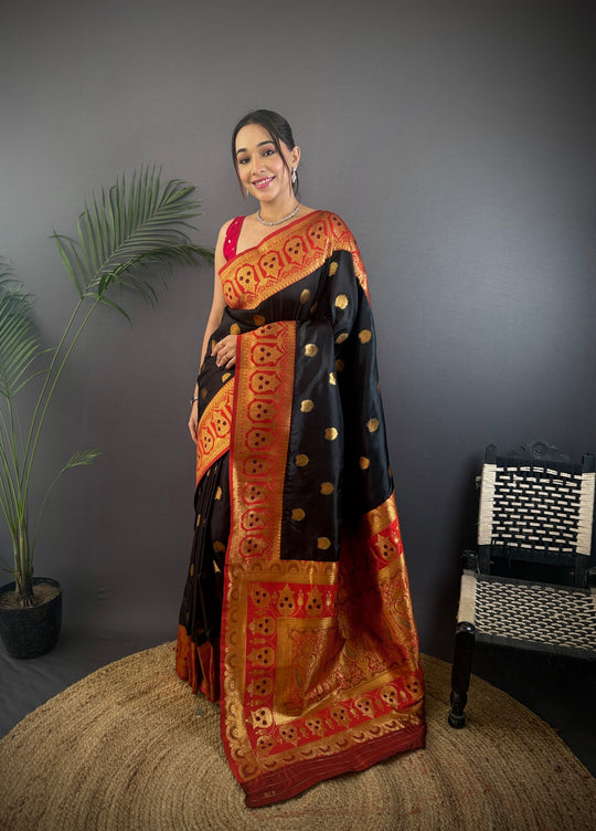 Black Soft Banarasi Silk Zari Woven Designer Saree With Blouse