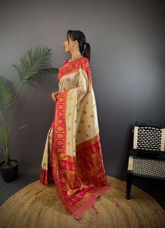 Off White Soft Banarasi Silk Zari Woven Designer Saree With Blouse