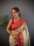 Off White Soft Banarasi Silk Zari Woven Designer Saree With Blouse