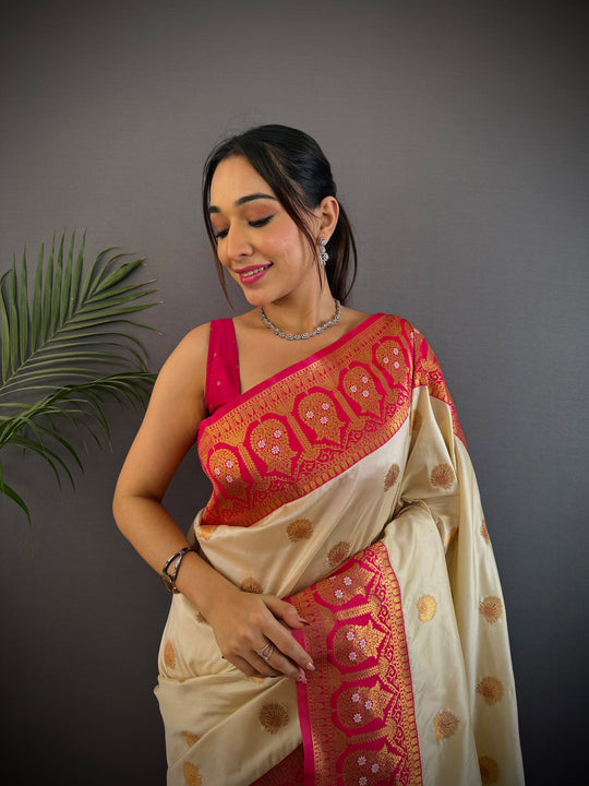Off White Soft Banarasi Silk Zari Woven Designer Saree With Blouse