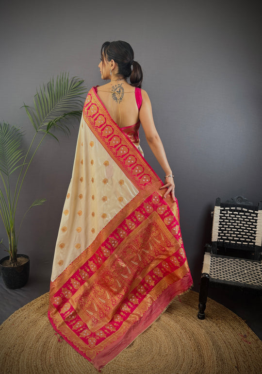 Off White Soft Banarasi Silk Zari Woven Designer Saree With Blouse
