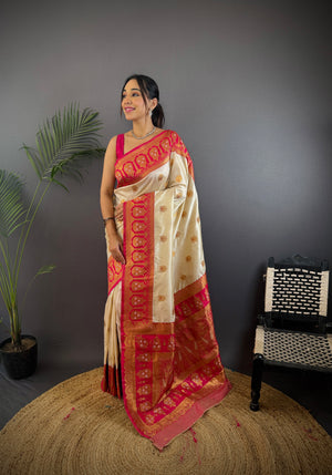 Off White Soft Banarasi Silk Zari Woven Designer Saree With Blouse