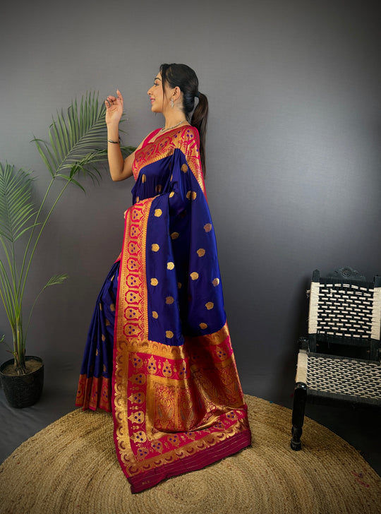 Navy Blue Soft Banarasi Silk Zari Woven Designer Saree With Blouse