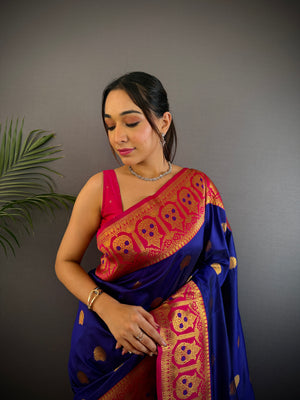 Navy Blue Soft Banarasi Silk Zari Woven Designer Saree With Blouse