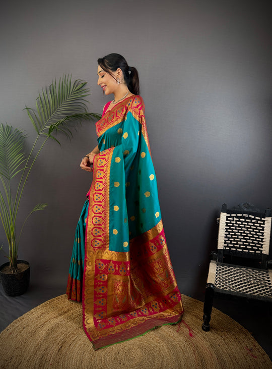 Turquoise Soft Banarasi Silk Zari Woven Designer Saree With Blouse