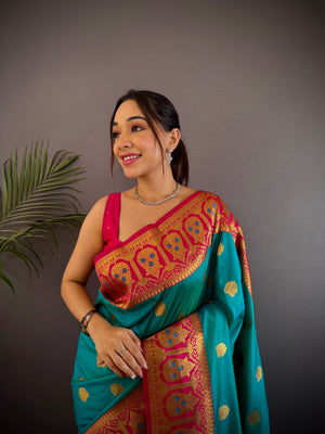 Turquoise Soft Banarasi Silk Zari Woven Designer Saree With Blouse