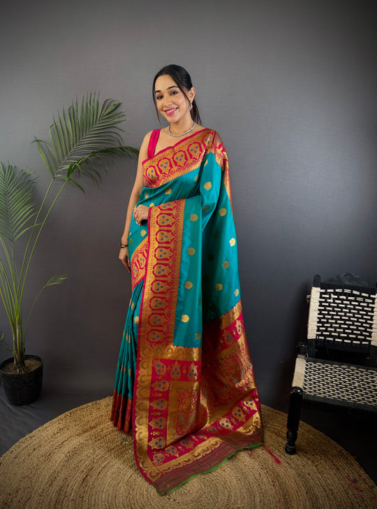 Turquoise Soft Banarasi Silk Zari Woven Designer Saree With Blouse