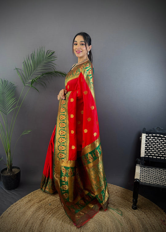 Red Soft Banarasi Silk Zari Woven Designer Saree With Blouse