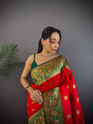 Red Soft Banarasi Silk Zari Woven Designer Saree With Blouse