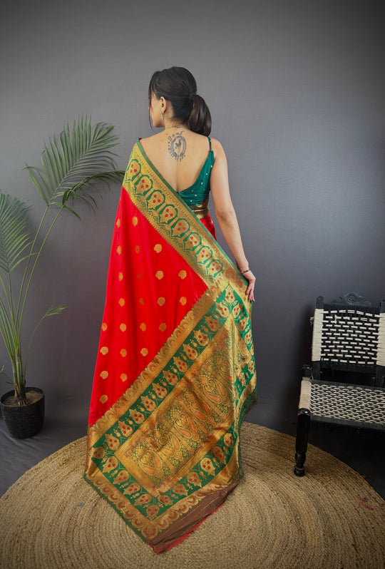 Red Soft Banarasi Silk Zari Woven Designer Saree With Blouse