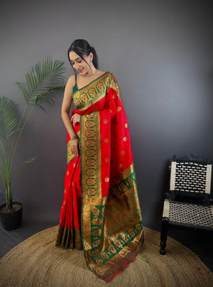 Red Soft Banarasi Silk Zari Woven Designer Saree With Blouse