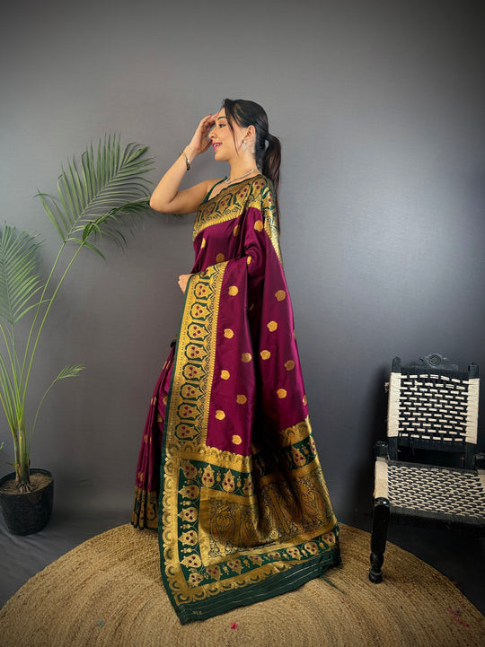 Wine Soft Banarasi Silk Zari Woven Designer Saree With Blouse
