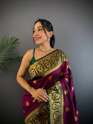 Wine Soft Banarasi Silk Zari Woven Designer Saree With Blouse