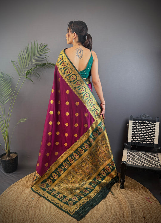 Wine Soft Banarasi Silk Zari Woven Designer Saree With Blouse