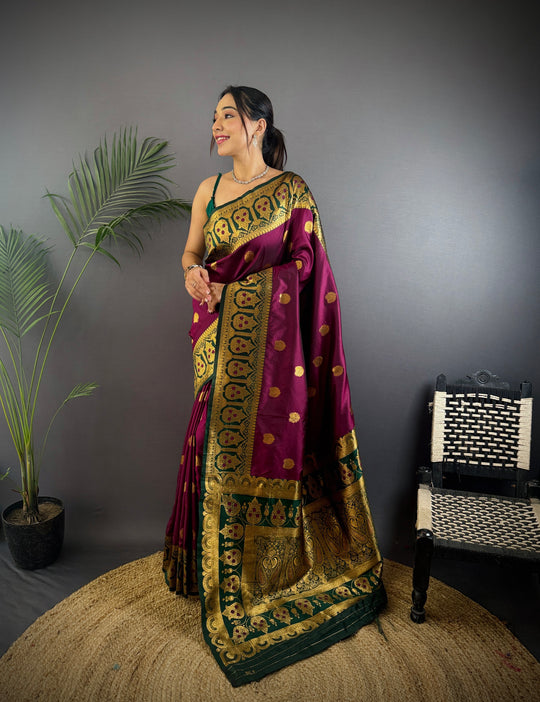 Wine Soft Banarasi Silk Zari Woven Designer Saree With Blouse