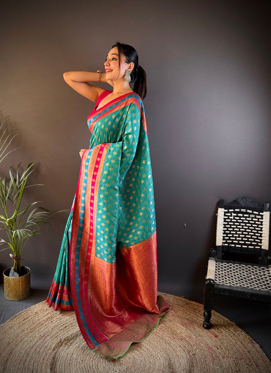 Turquoise Soft Banarasi Silk Zari Woven Designer Saree With Blouse