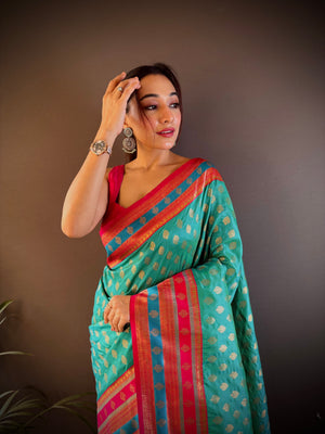 Turquoise Soft Banarasi Silk Zari Woven Designer Saree With Blouse