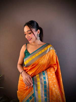 Orange Soft Banarasi Silk Zari Woven Designer Saree With Blouse