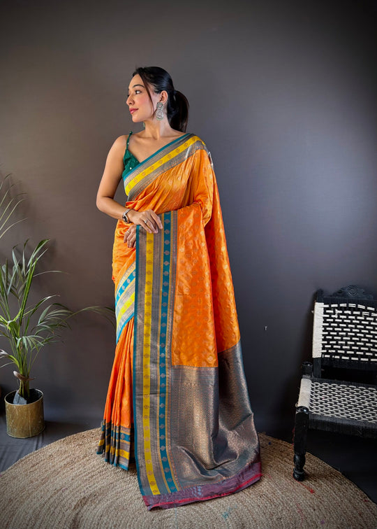 Orange Soft Banarasi Silk Zari Woven Designer Saree With Blouse