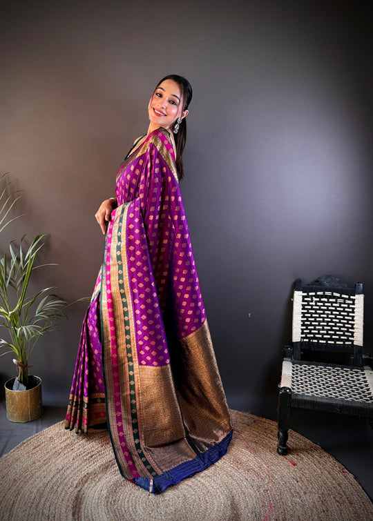 Purple Soft Banarasi Silk Zari Woven Designer Saree With Blouse