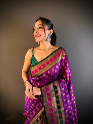 Purple Soft Banarasi Silk Zari Woven Designer Saree With Blouse