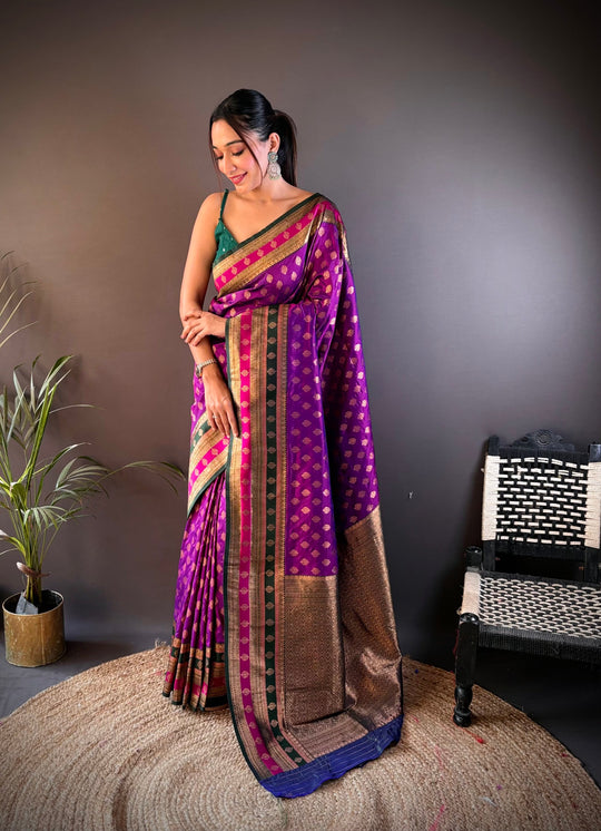 Purple Soft Banarasi Silk Zari Woven Designer Saree With Blouse