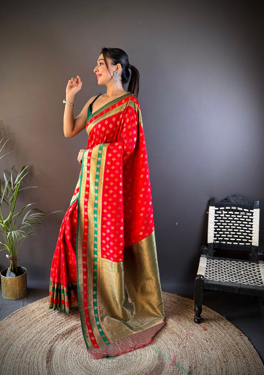 Red Soft Banarasi Silk Zari Woven Designer Saree With Blouse