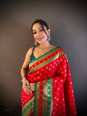 Red Soft Banarasi Silk Zari Woven Designer Saree With Blouse
