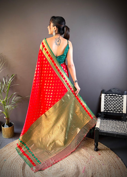 Red Soft Banarasi Silk Zari Woven Designer Saree With Blouse