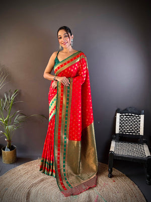 Red Soft Banarasi Silk Zari Woven Designer Saree With Blouse