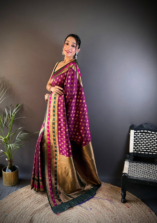 Wine Soft Banarasi Silk Zari Woven Designer Saree With Blouse
