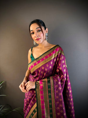 Wine Soft Banarasi Silk Zari Woven Designer Saree With Blouse