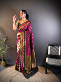 Wine Soft Banarasi Silk Zari Woven Designer Saree With Blouse