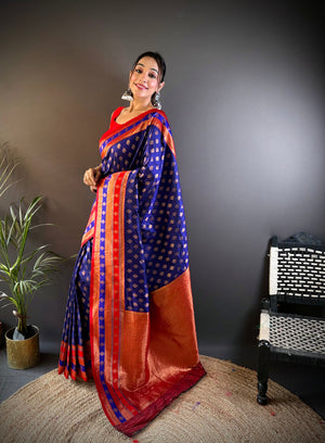 Navy Blue Soft Banarasi Silk Zari Woven Designer Saree With Blouse