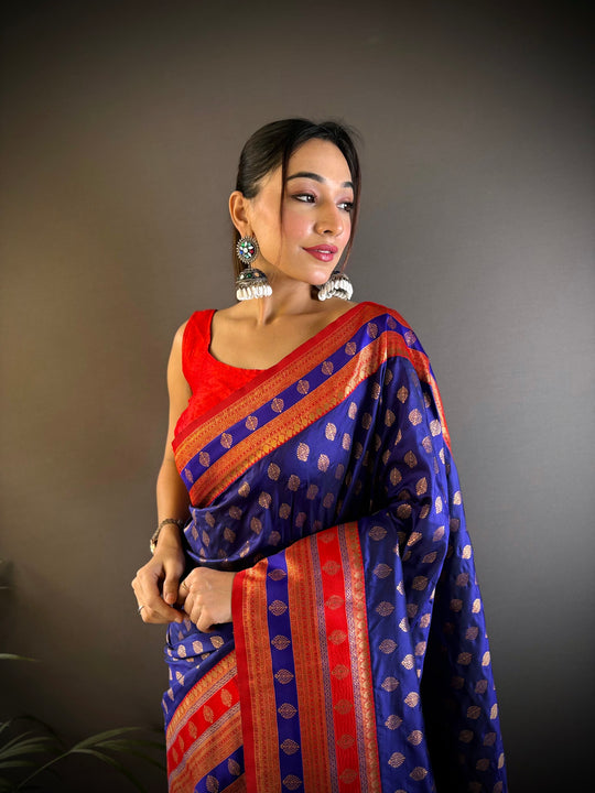 Navy Blue Soft Banarasi Silk Zari Woven Designer Saree With Blouse