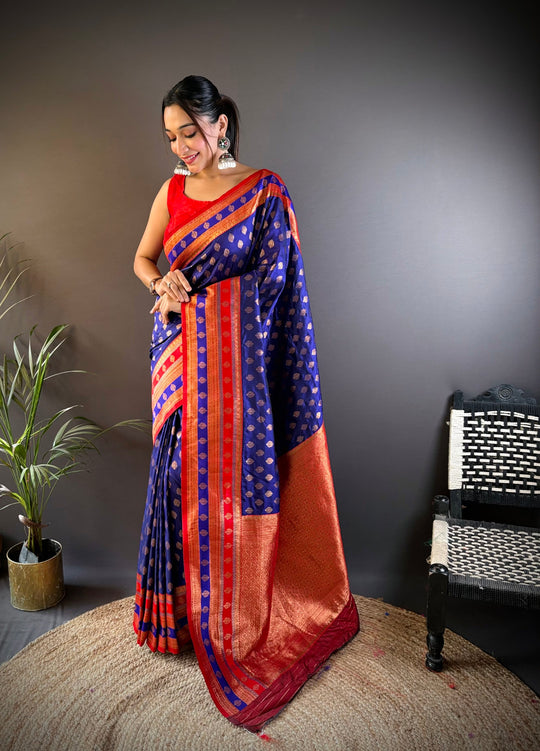 Navy Blue Soft Banarasi Silk Zari Woven Designer Saree With Blouse