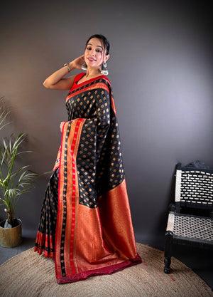 Black Soft Banarasi Silk Zari Woven Designer Saree With Blouse