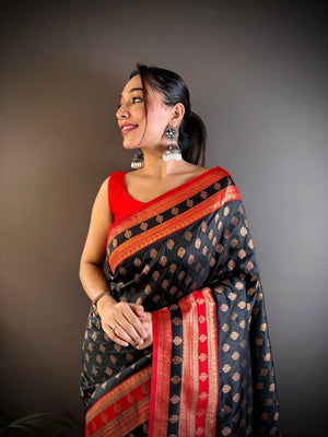 Black Soft Banarasi Silk Zari Woven Designer Saree With Blouse