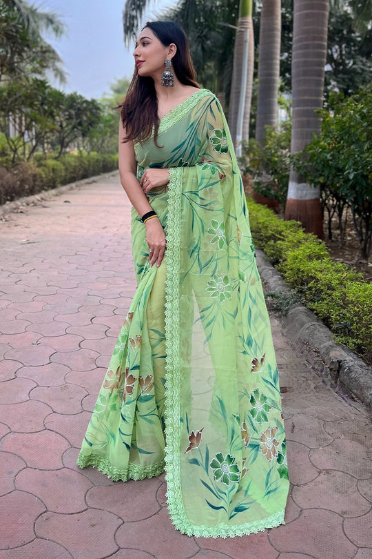 Green Shimmer Saree with Black Blouse Piece