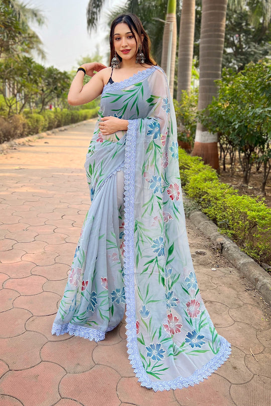 Blue Shimmer Saree with Black Blouse Piece