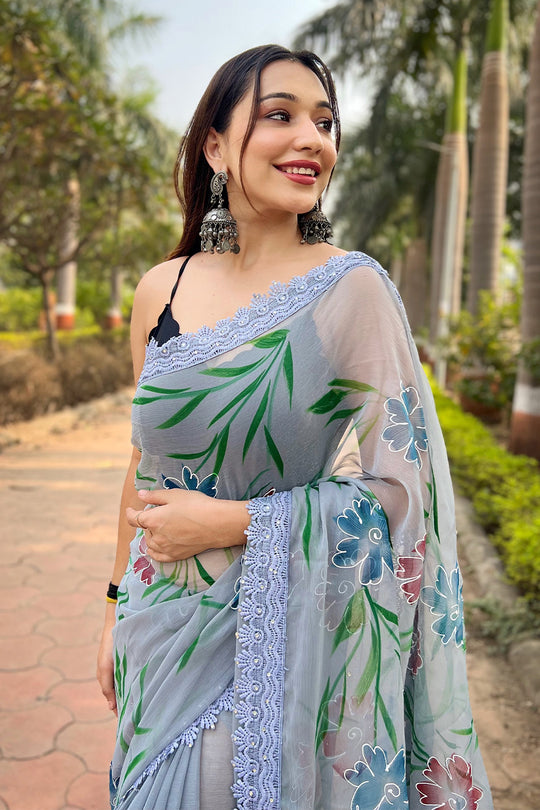 Blue Shimmer Saree with Black Blouse Piece