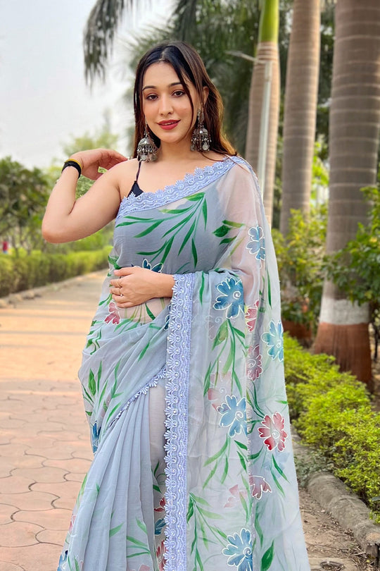 Blue Shimmer Saree with Black Blouse Piece