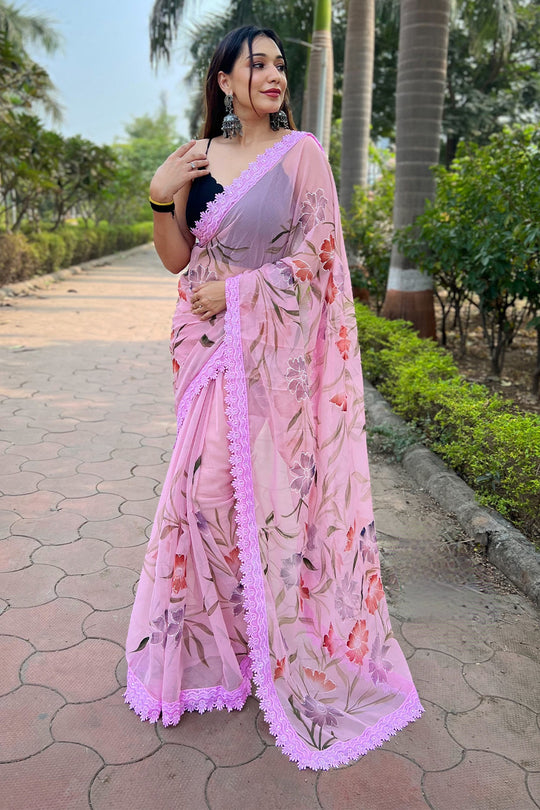 Pink Shimmer Saree with Black Blouse Piece